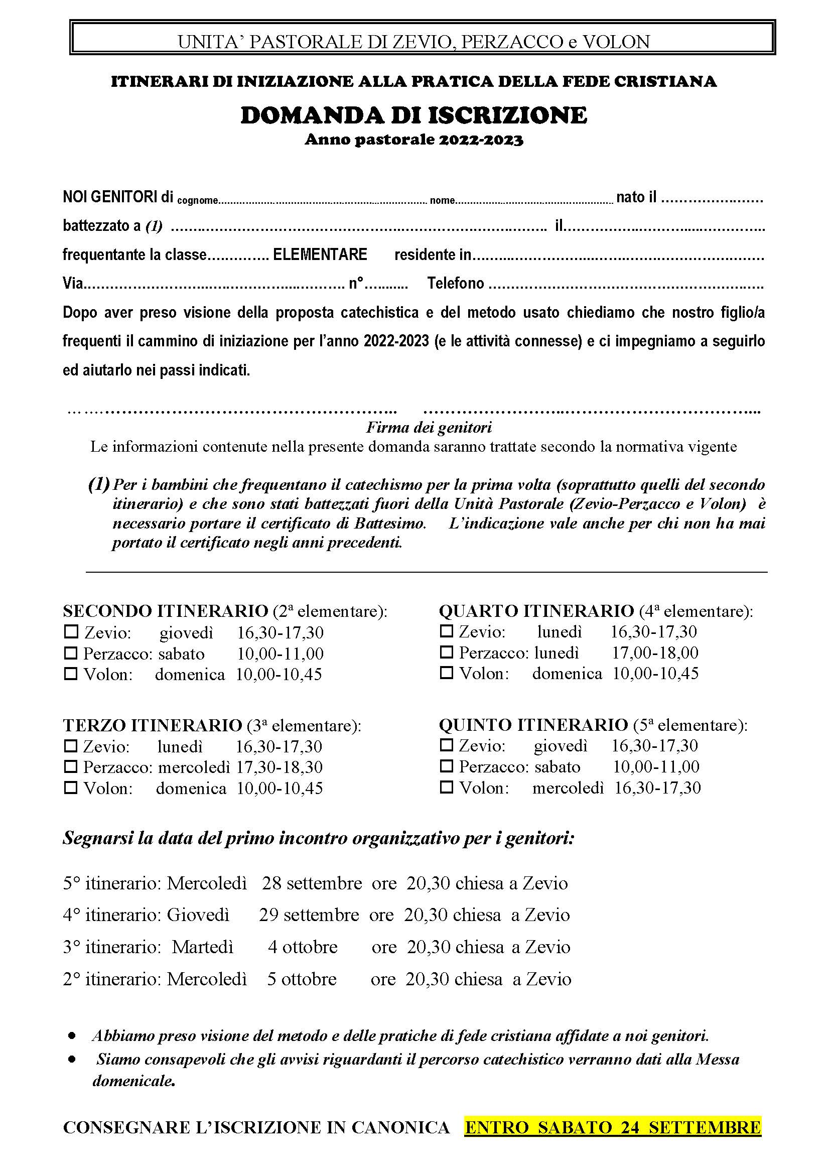 Modulo Iscrizione Per Il Catechismo Scuole Elementari Unita Pastorale